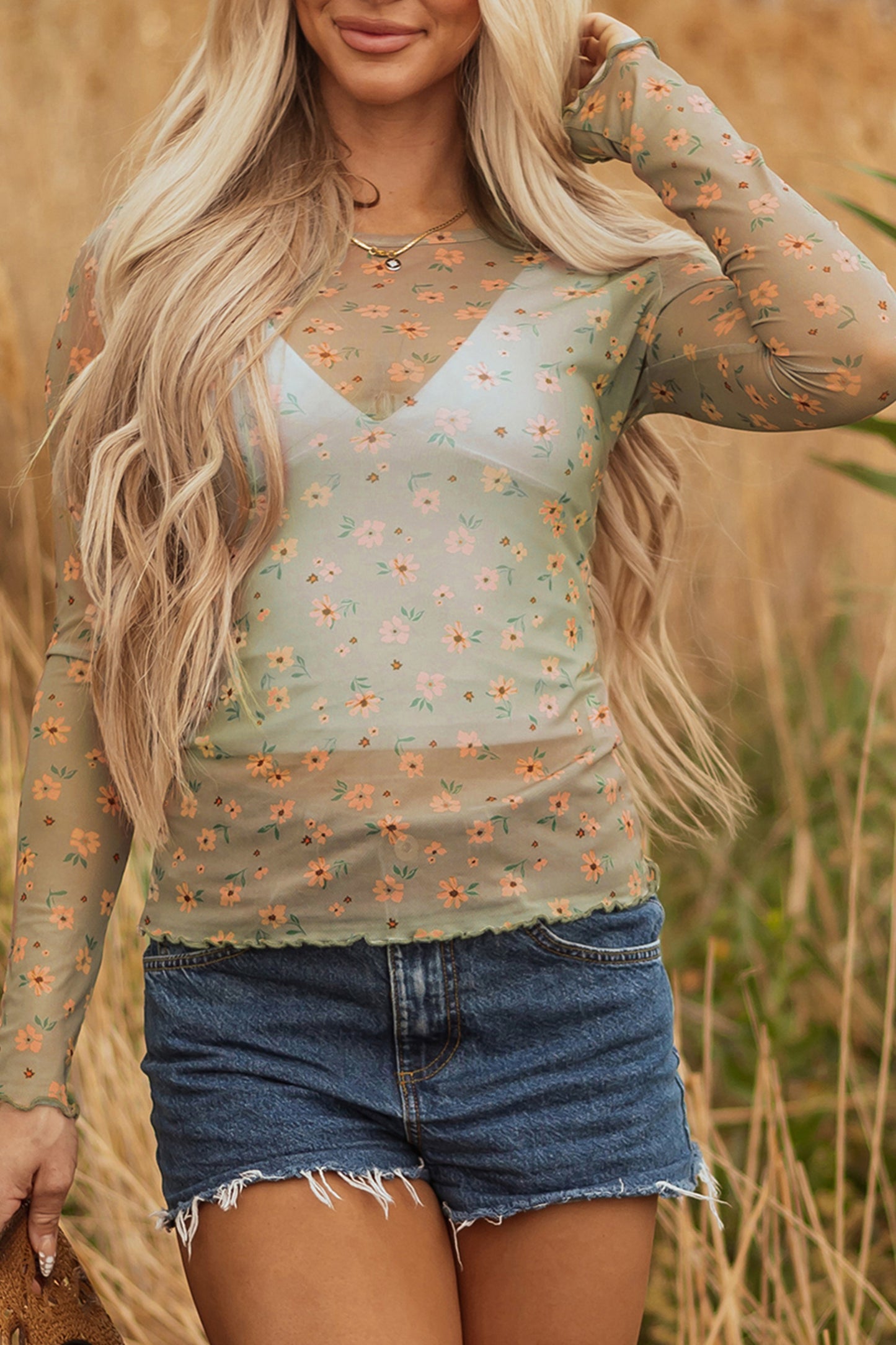 Sky Blue Vintage Floral Print Southern Style Mesh Long Sleeve Top