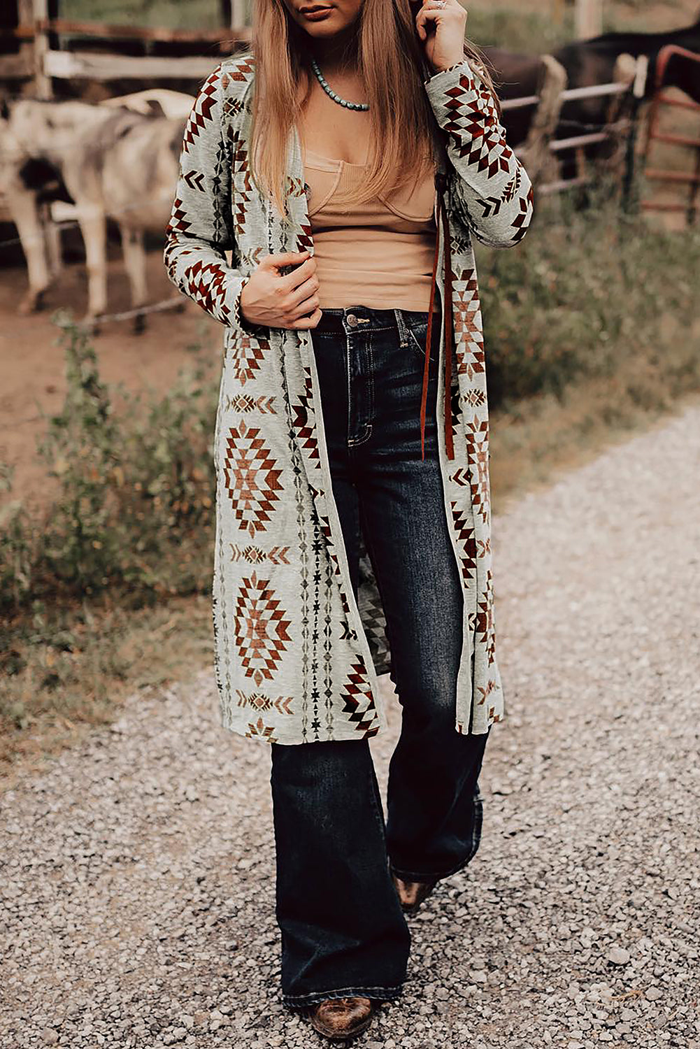 Brown Western Aztec Printed Open Front Long Cardigan – Hay's For