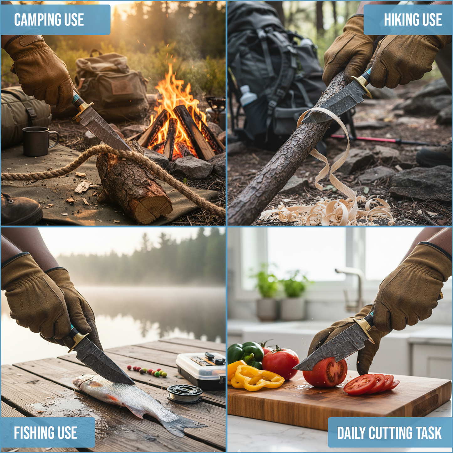 8' Damascus knife with leather sheath, Horn handle