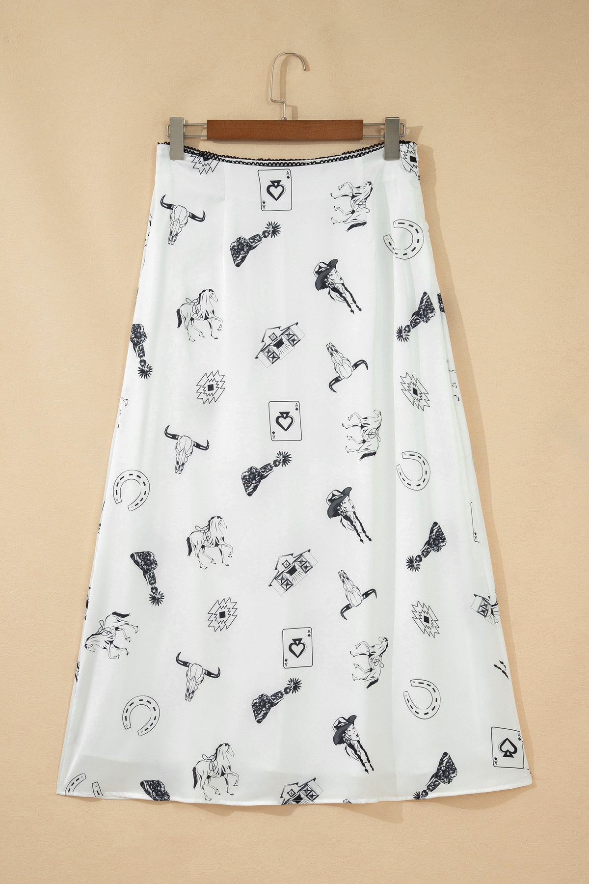 Navy Blue Western Print Satin Long Skirt