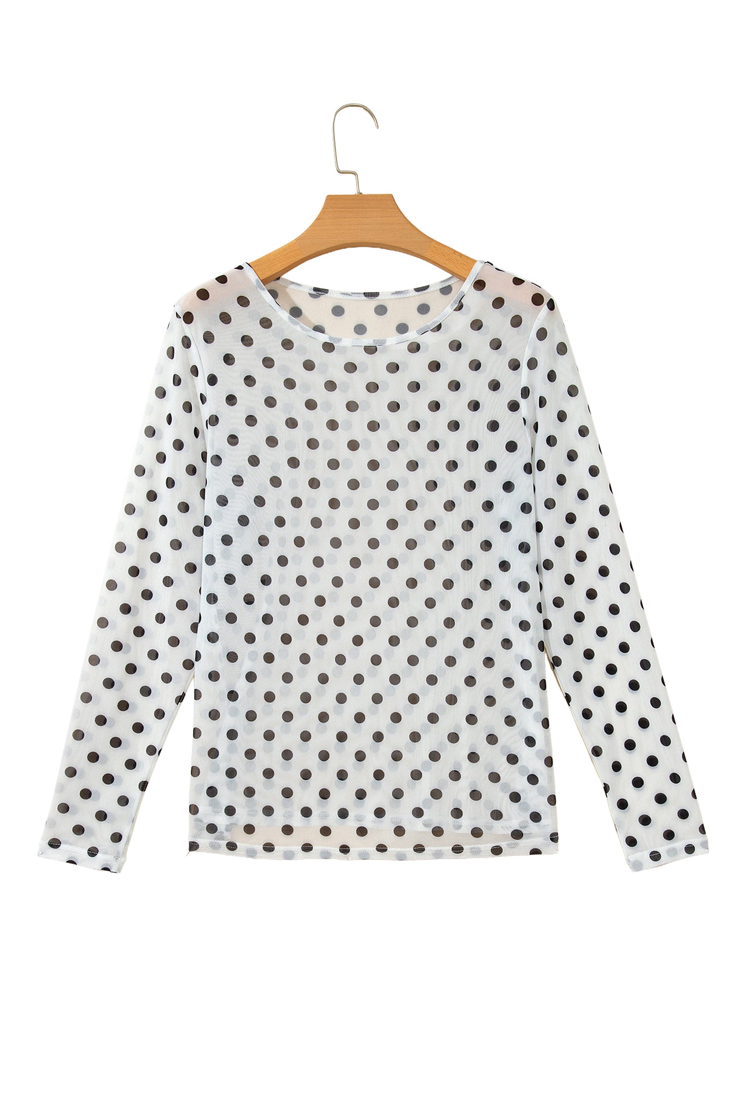 Black Polka Dot Sheer Mesh Long Sleeve Round Neck Shift Top