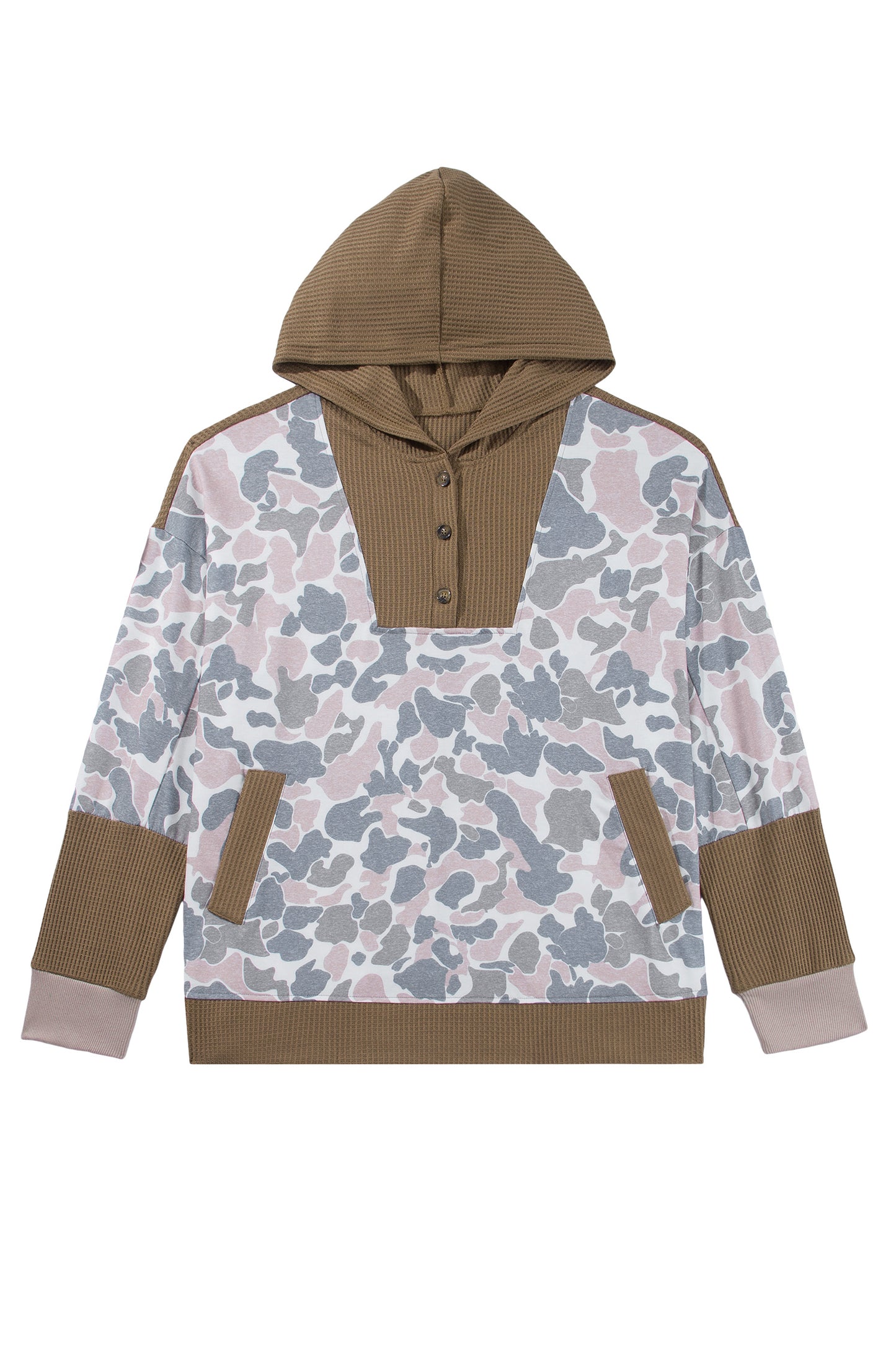 Khaki Camouflage Print Waffle Knit Patchwork Half Zip Plus Size Hoodie