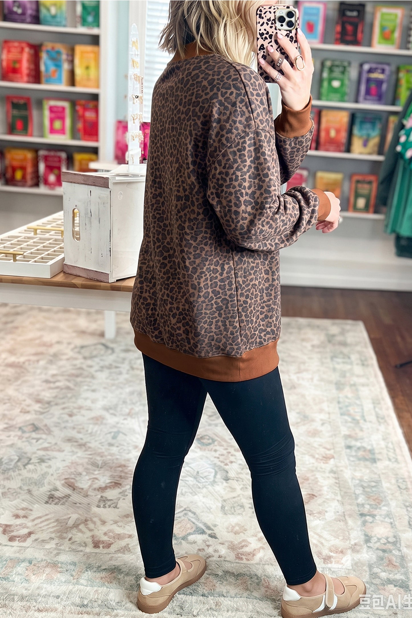 Multicolour Leopard Print High Neck Long Sleeve Ribbed Cuffs Hem Sweatshirt