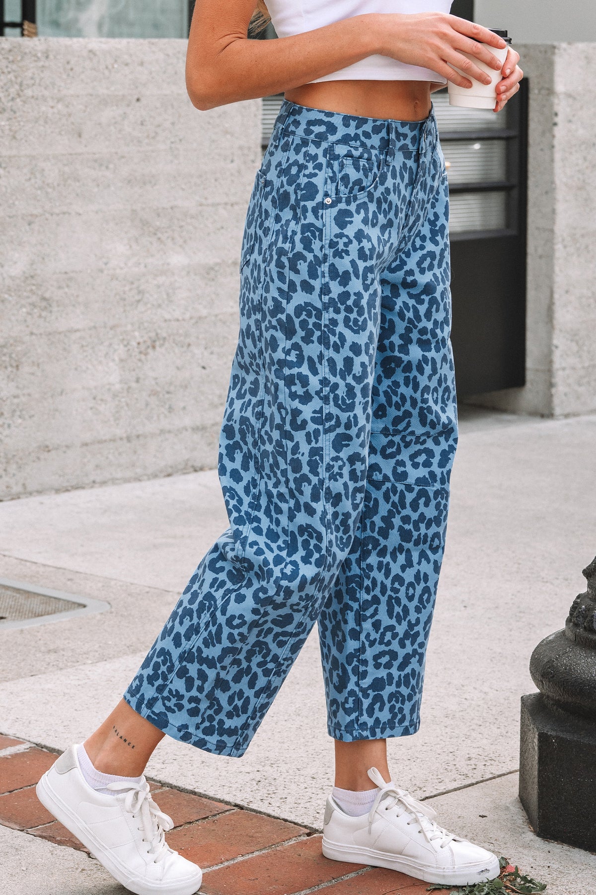 Khaki Leopard Print Barrel Leg Jeans