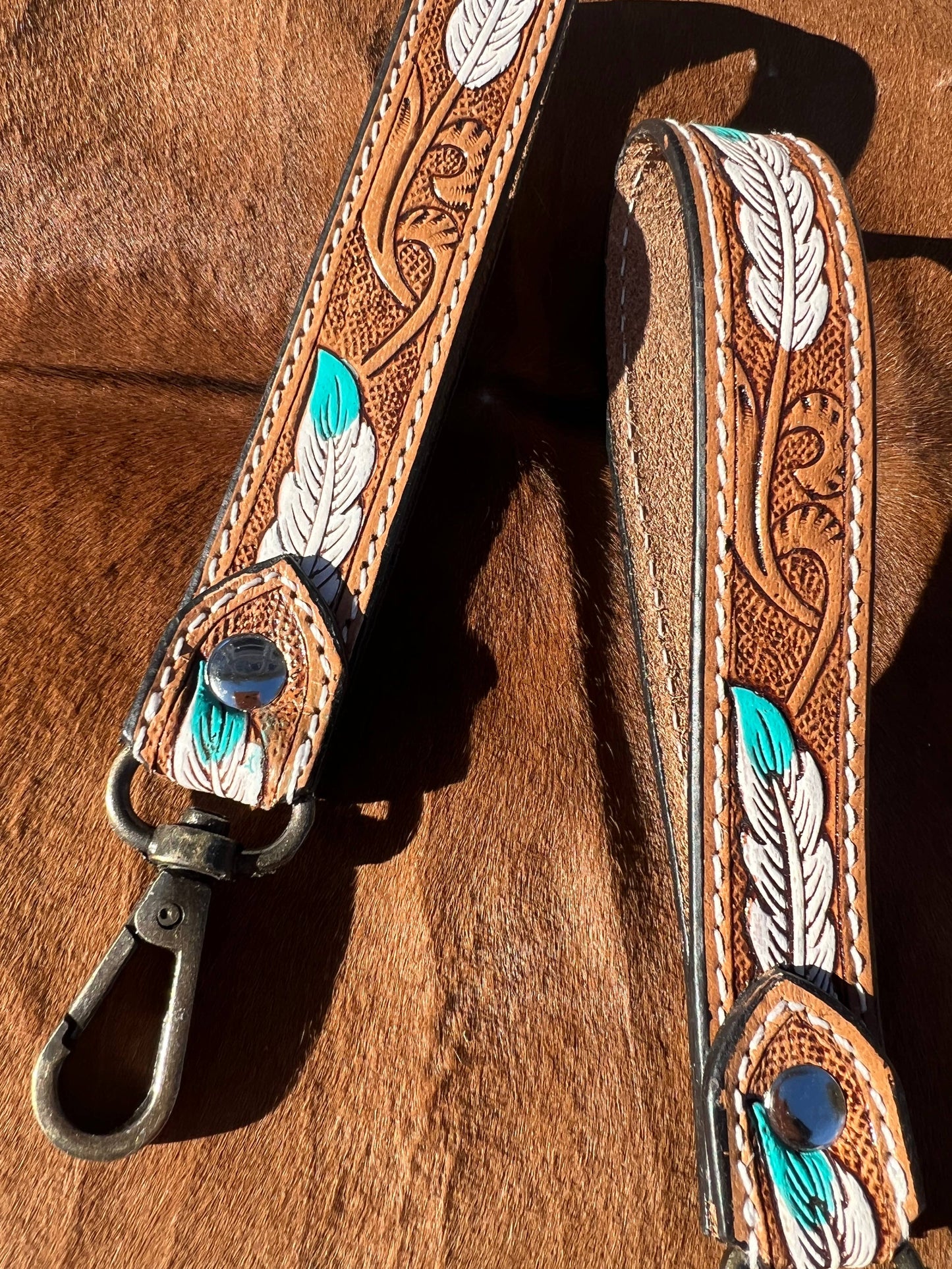 Tooled Leather Western Feather Wrist Strap Keychain