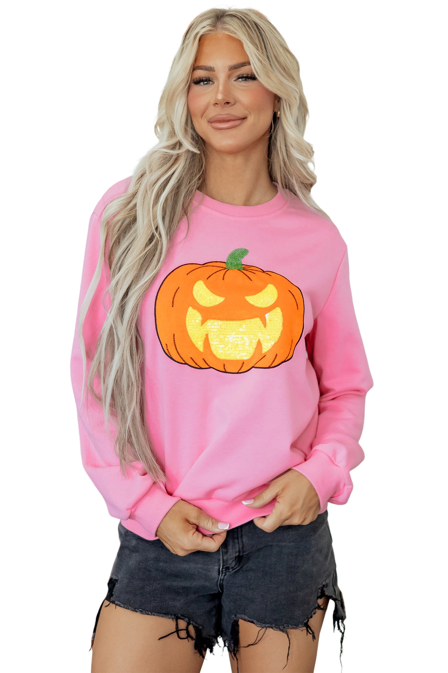 Pink Embroidered Pumpkin Face Long Sleeve Round Neck Sweatshirt
