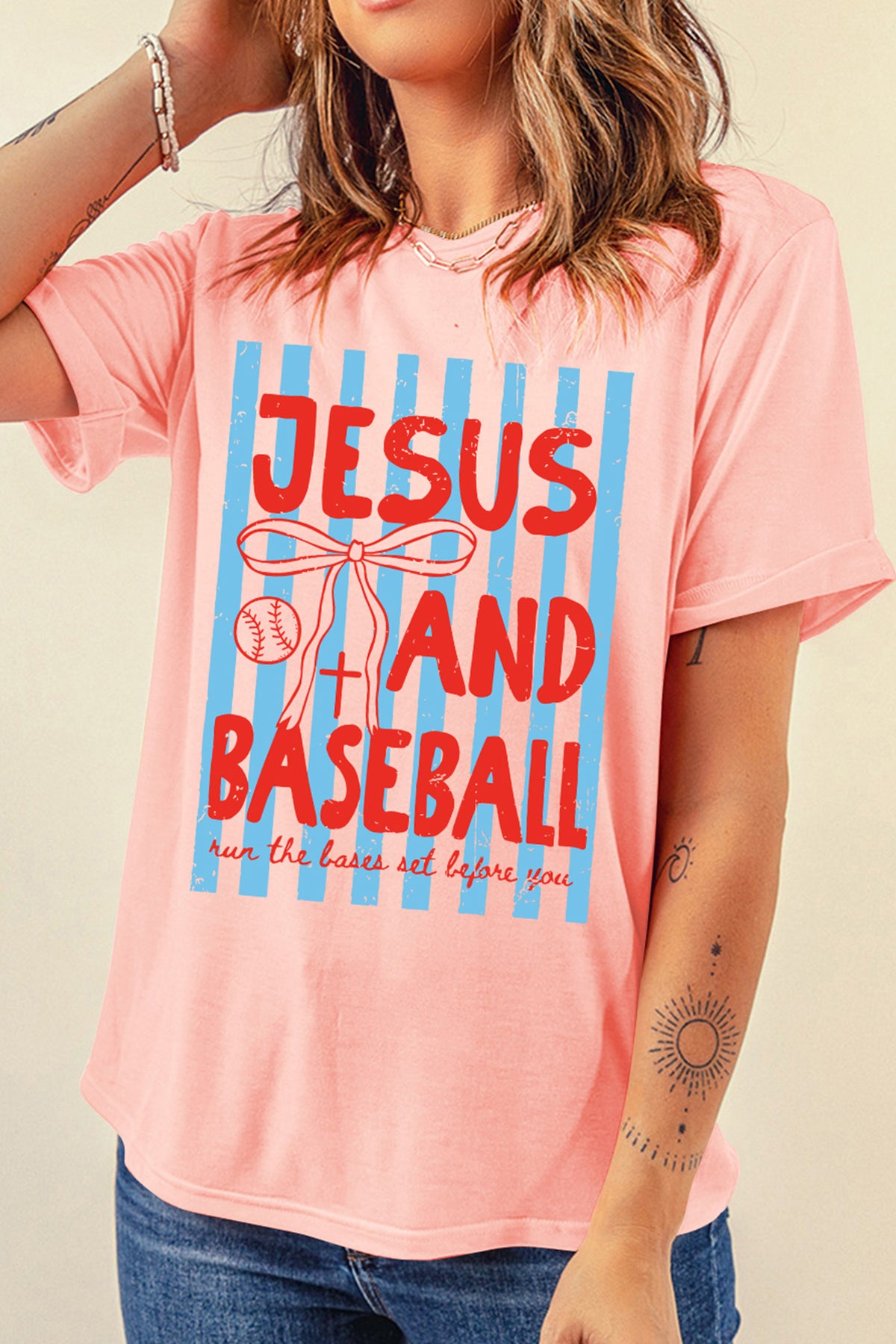 Pink JESUS AND BASEBALL Coquette Striped Print T Shirt