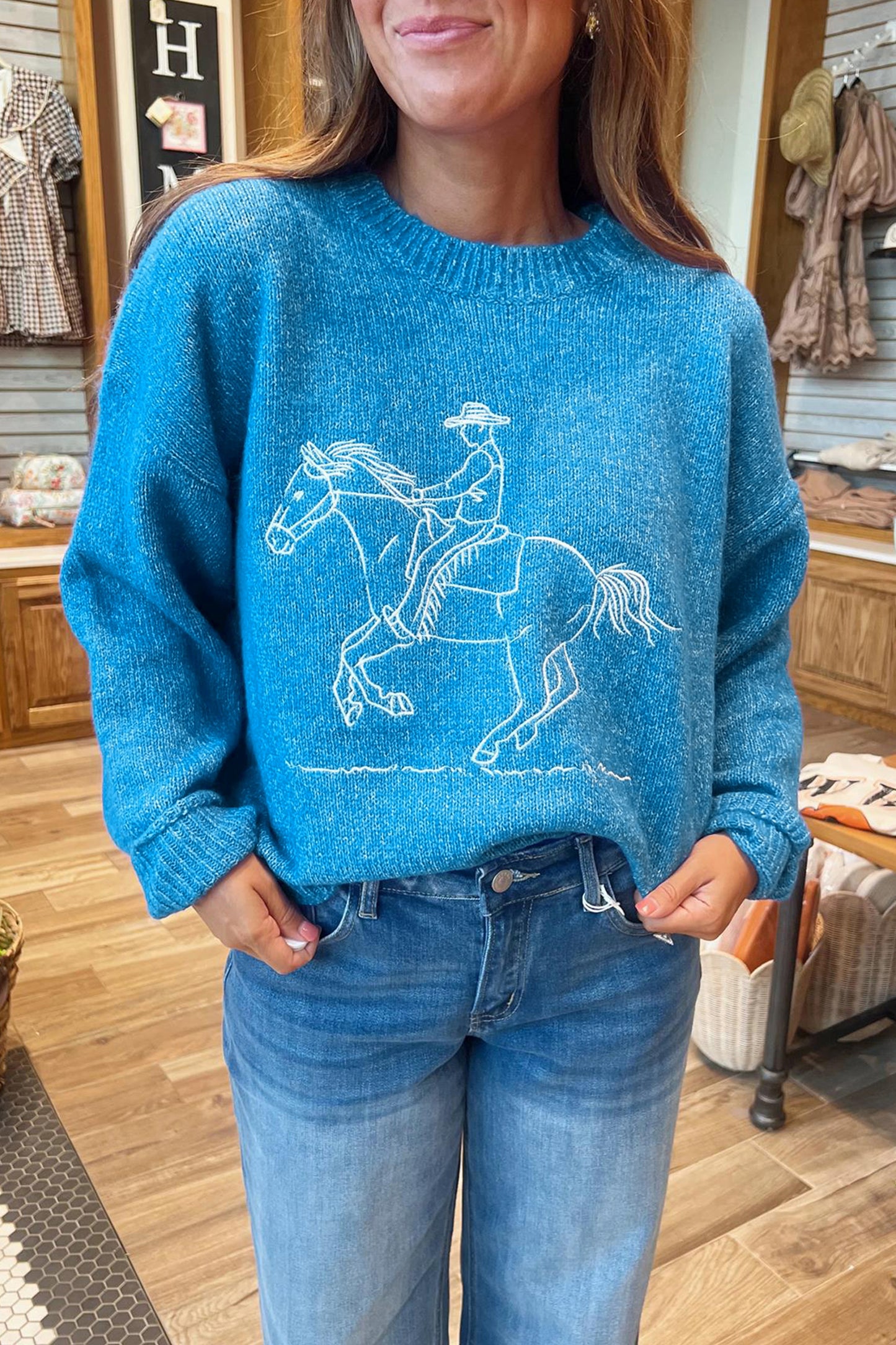 Sky Blue Western Embroidery Drop Shoulder Pullover Sweater