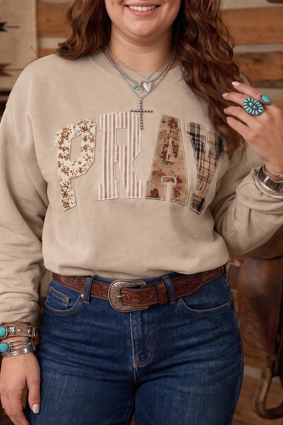 Coffee PRAY Letter Patchwork Round Neck Long Sleeve Plus Size Sweatshirt