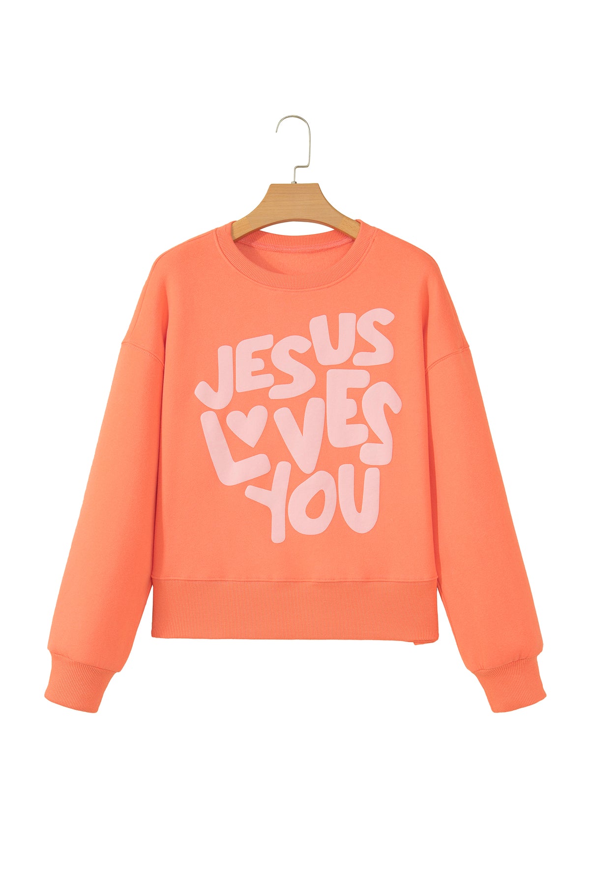 Grapefruit Orange JESUS LOVES YOU Puffy Letter Graphic Sweatshirt