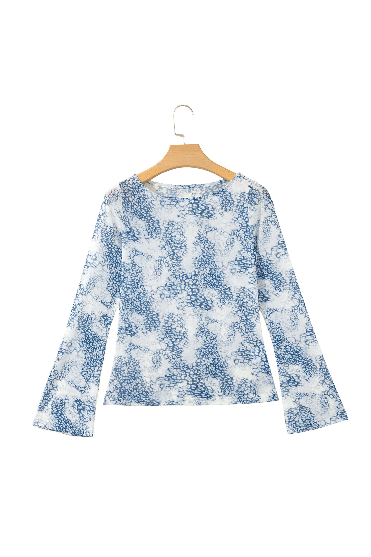 Sky Blue Long Sleeve Leopard Print Round Neck Sheath Top