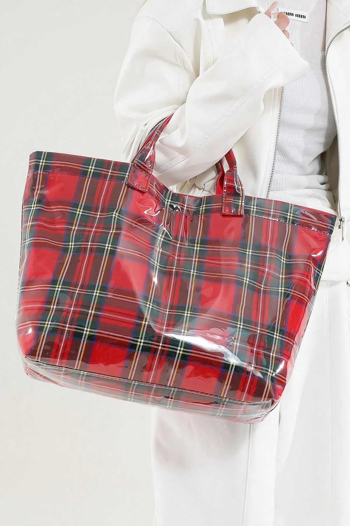 Color black Plaid Pattern PVC Glossy Waterproof Tote Bag