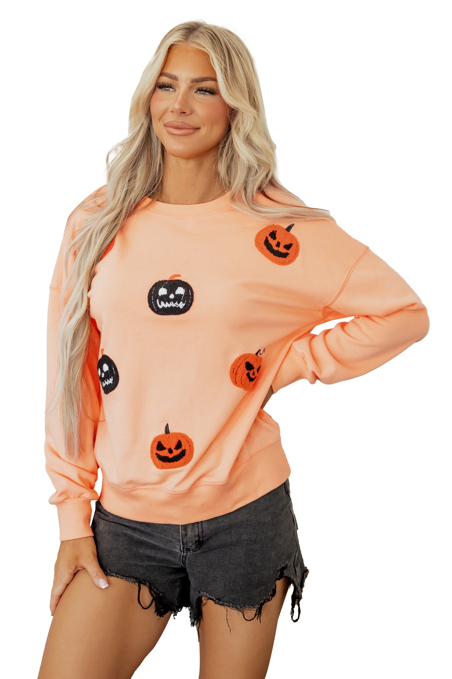 Orange Embroidered Pumpkin Face Drop Shoulder Sweatshirt