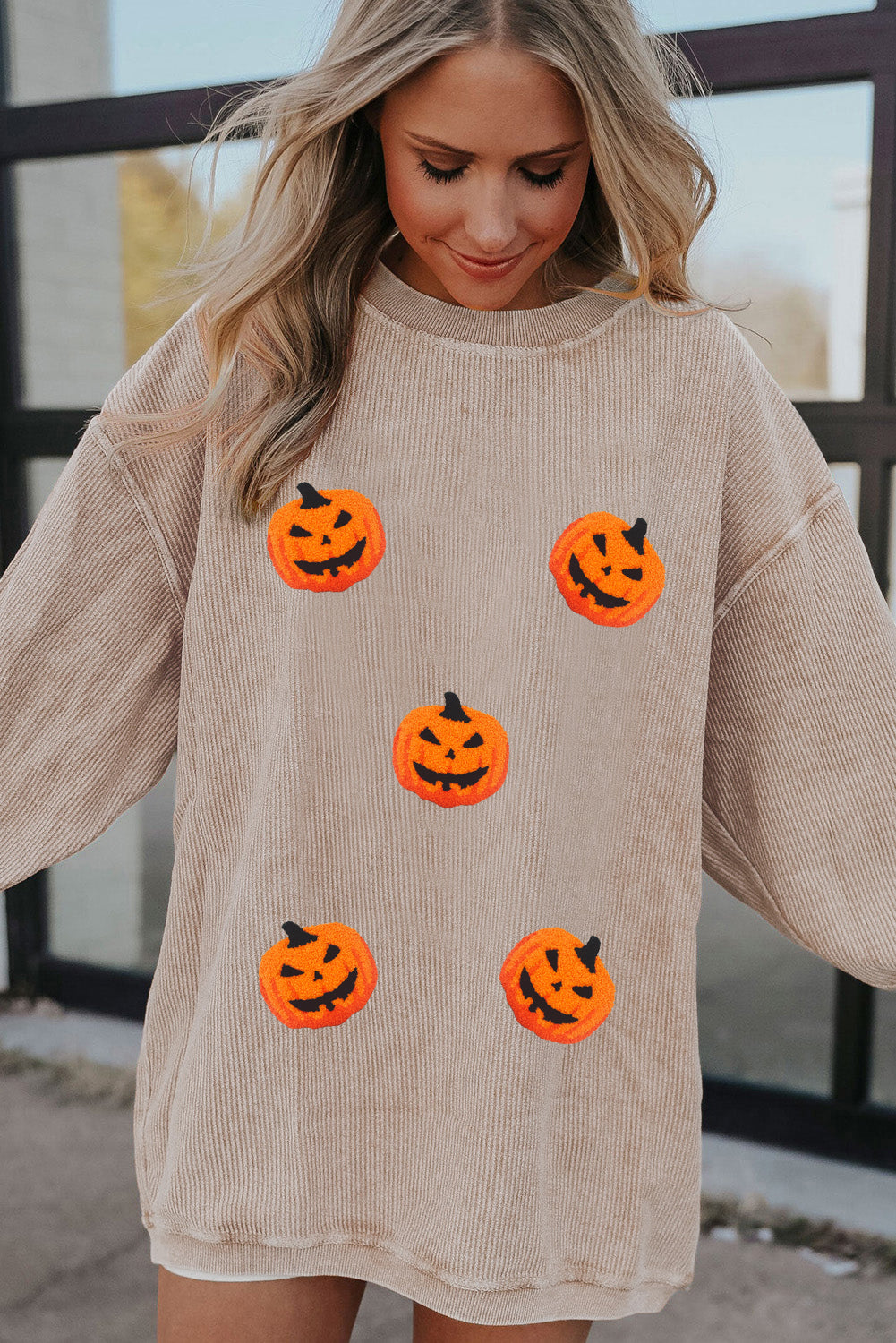 Apricot Twisted Rib Texture Chenille Halloween Pumpkin Patched Drop Shoulder Sweatshirt