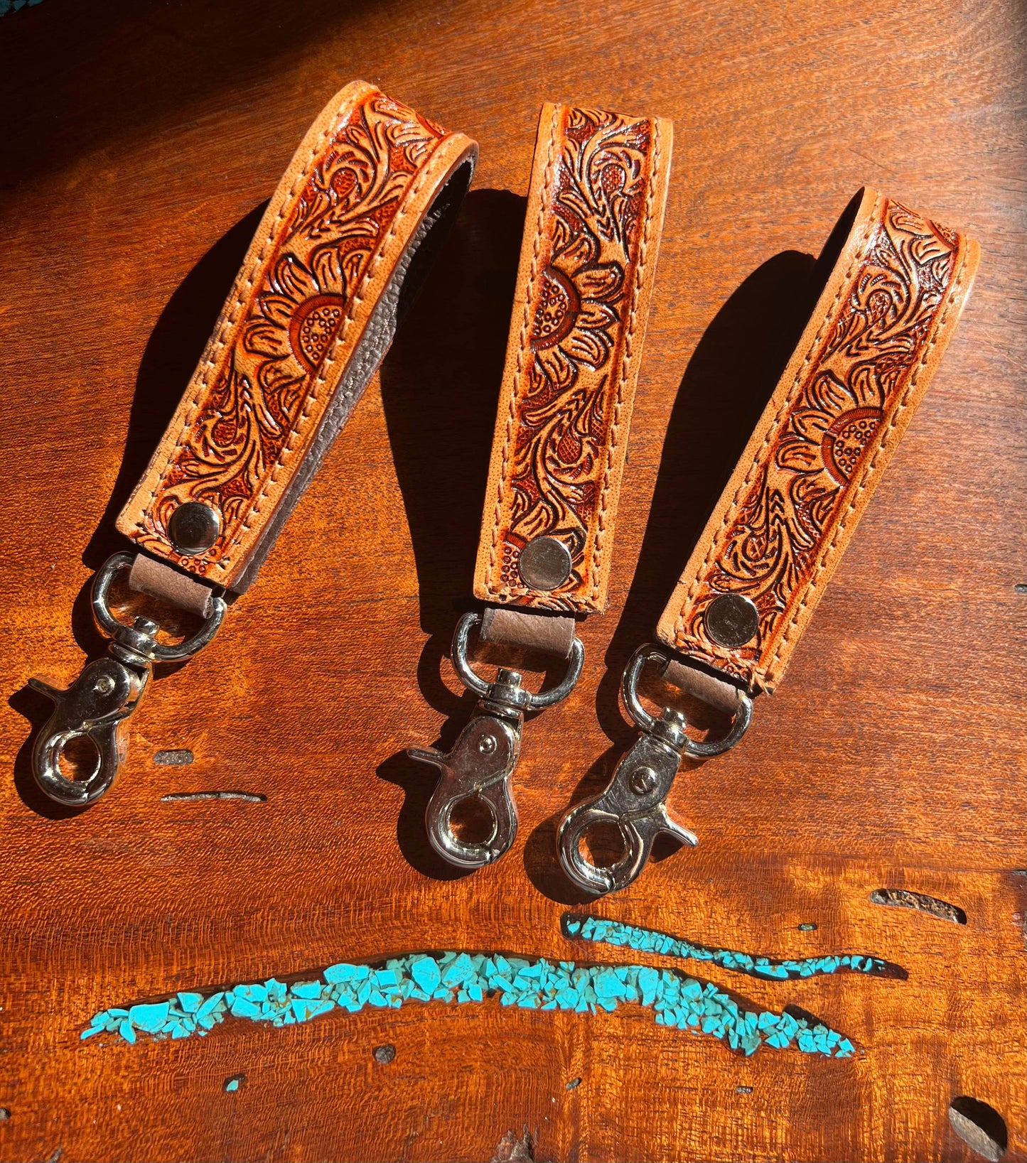 Tooled Leather Western Sunflower Keychain