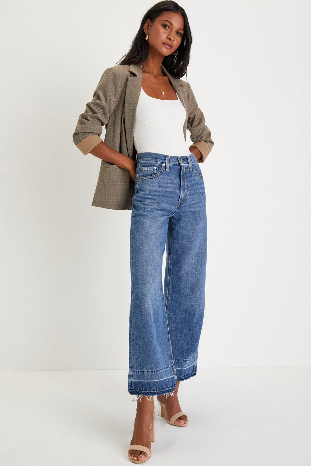 Navy Blue Raw Hem Straight Leg Loose High Waist Jeans