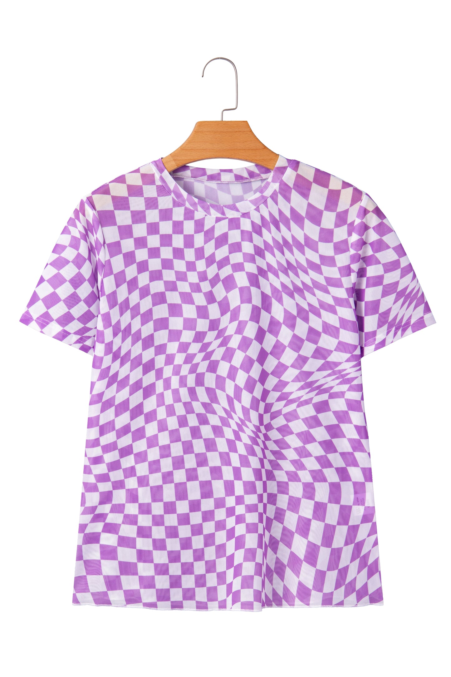 Orange Checkered Print Crew Neck Mesh T Shirt