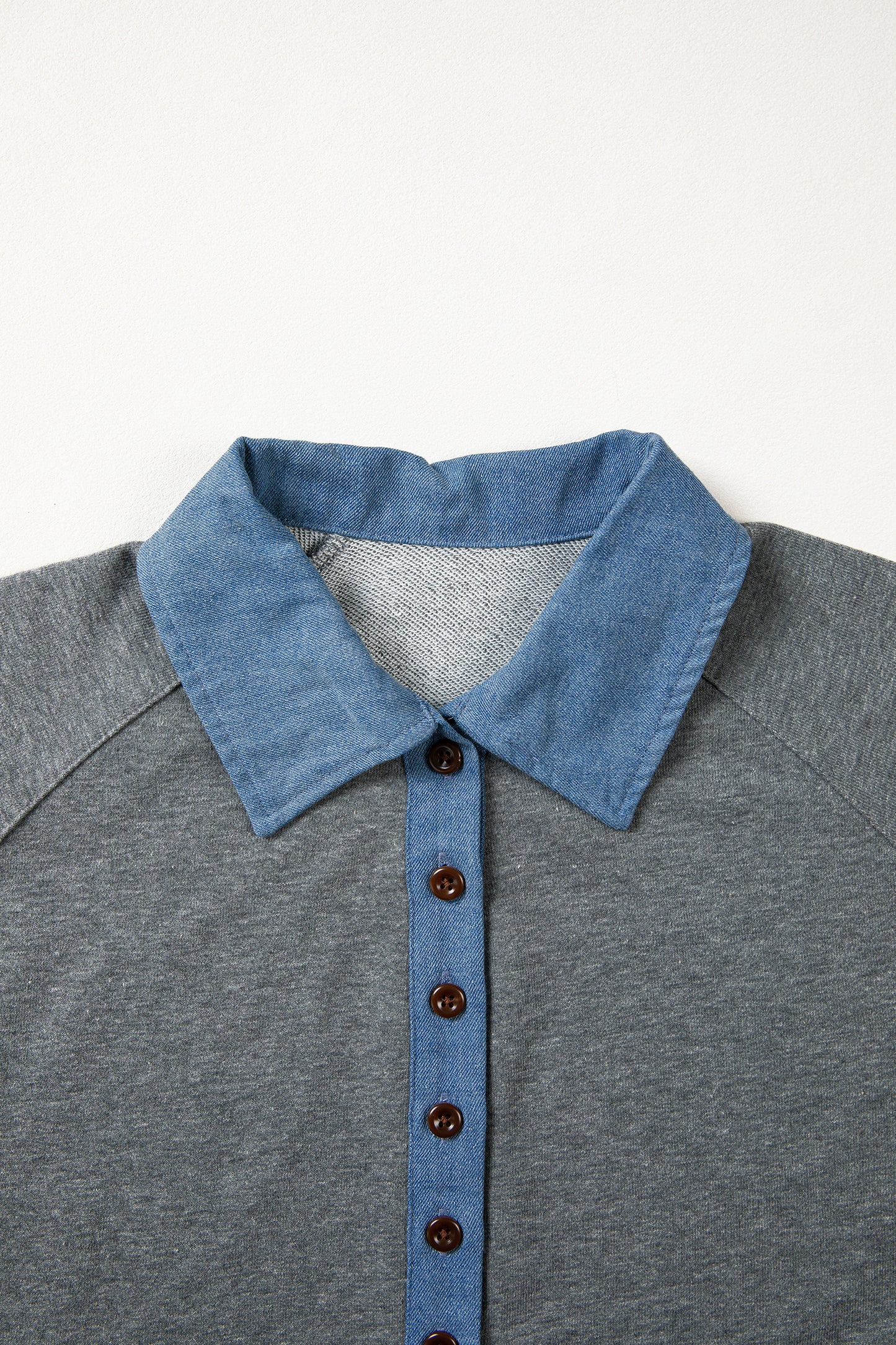 Light Grey Denim Color Block Patchwork Shirt Collar Short Sleeve Blouse