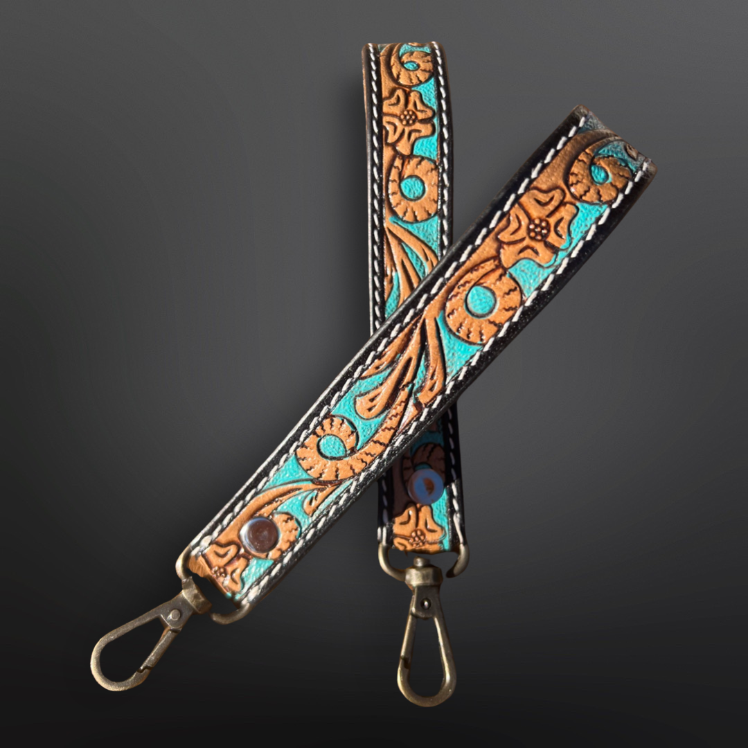 Tooled Leather Western Wrist Strap Keychain Turquoise Scroll – Hay's ...