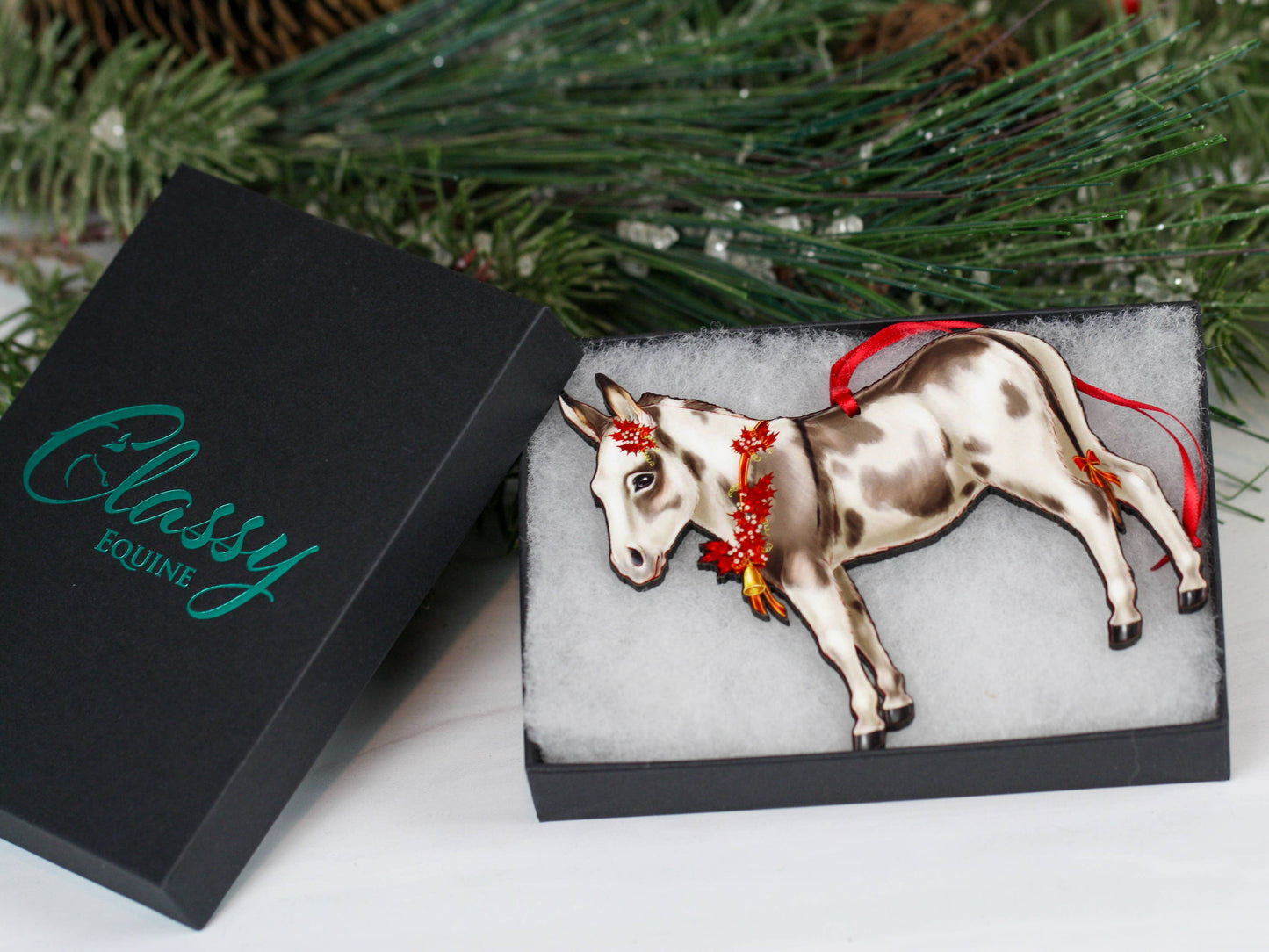 Spotted Gray and White Miniature Donkey Christmas Ornament