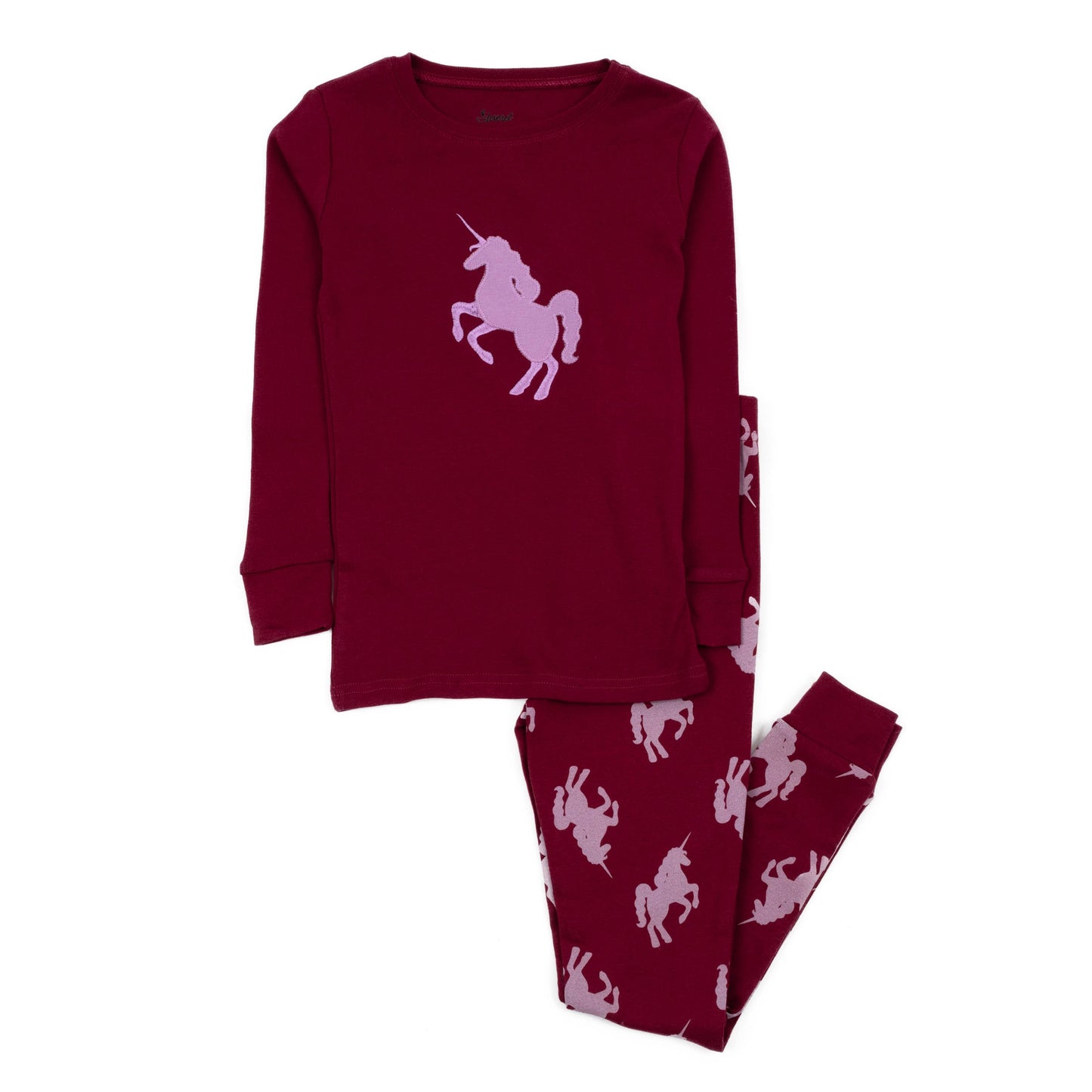 Kids Two Piece Cotton Pajamas Unicorn Maroon