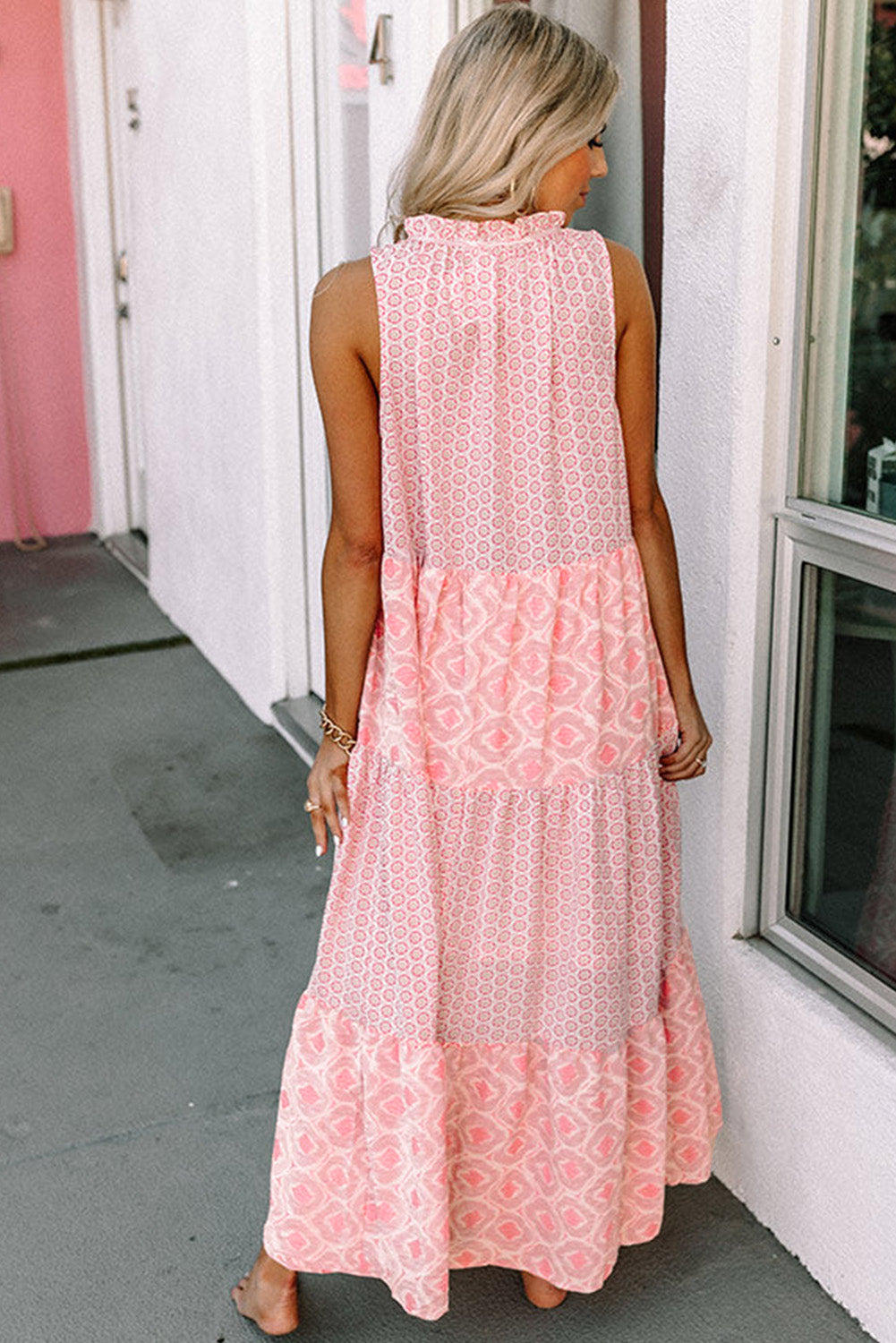 Sky Blue Abstract Print Split Neck Sleeveless Maxi Dress