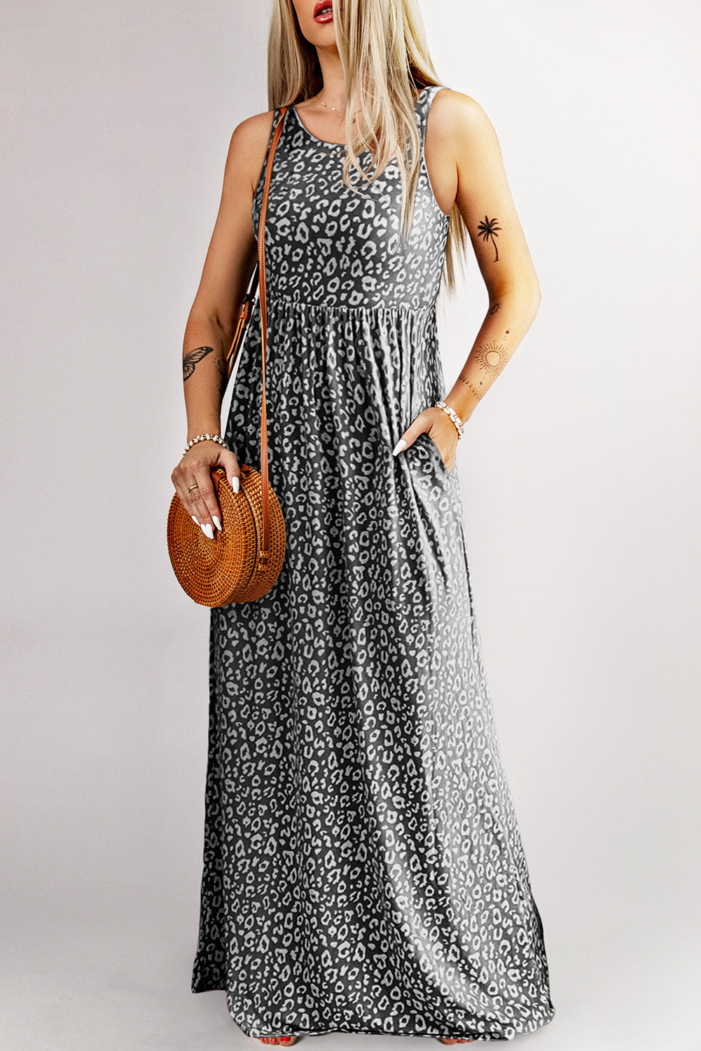 Pink Leopard Print Pocketed Sleeveless Maxi Dress