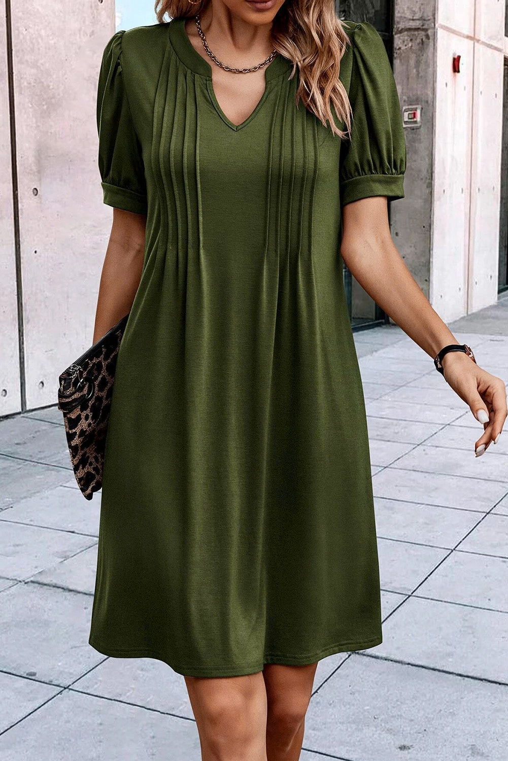 Black Notched Neck Pleated Puff Sleeve Shift T-shirt Dress