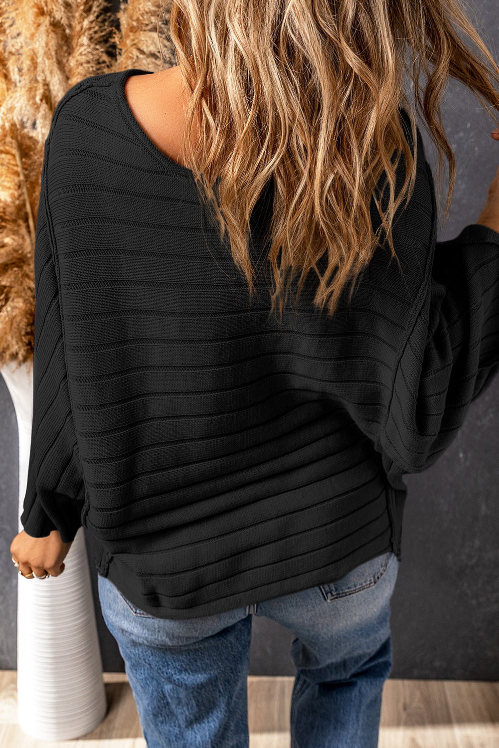 Gray Exposed Seam Ribbed Knit Dolman Top