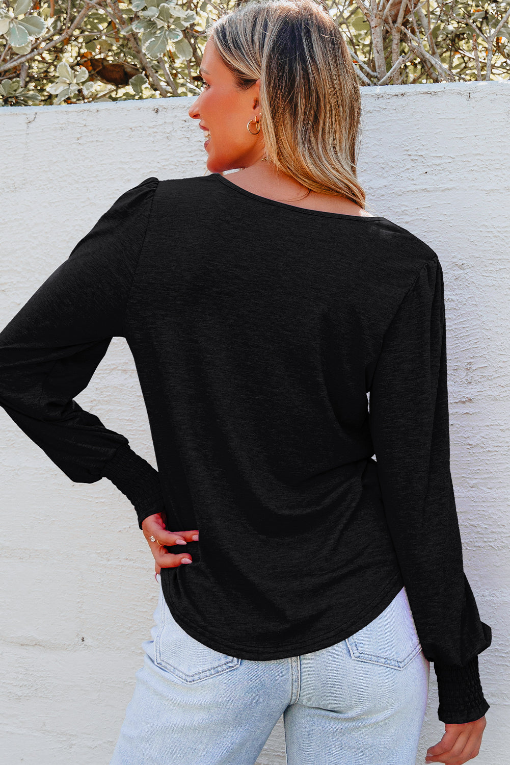 Sky Blue Shirred Shoulder Frilled Cuffs Long Sleeve Top