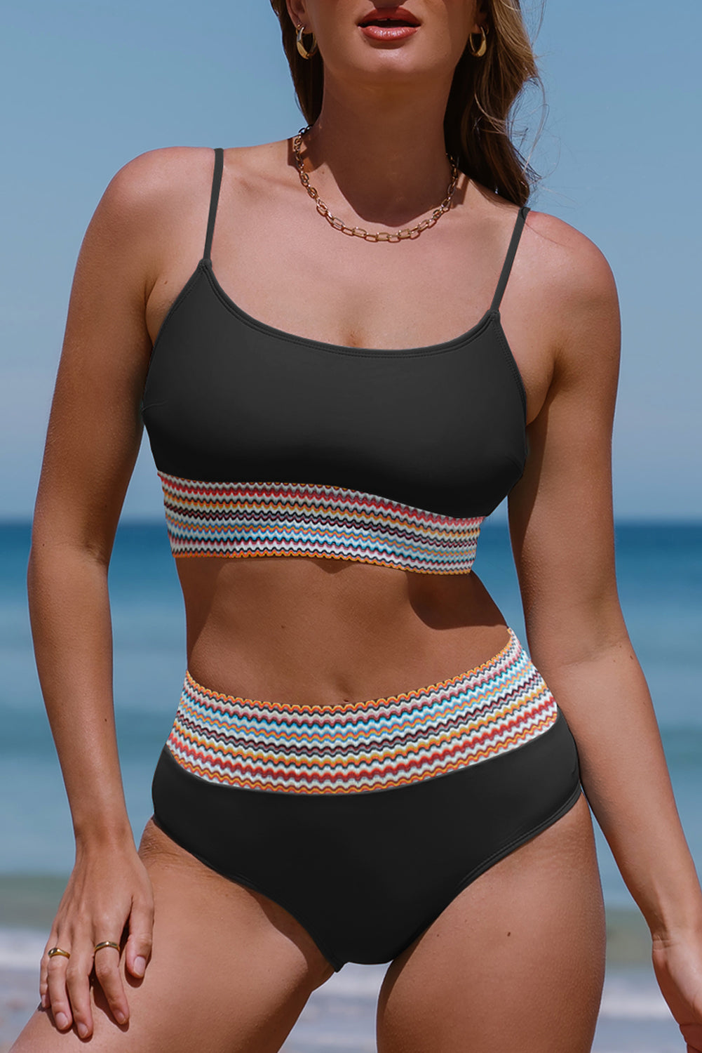 Sky Blue Striped Patchwork Spaghetti Strap High Waist Bikini Swimsuit