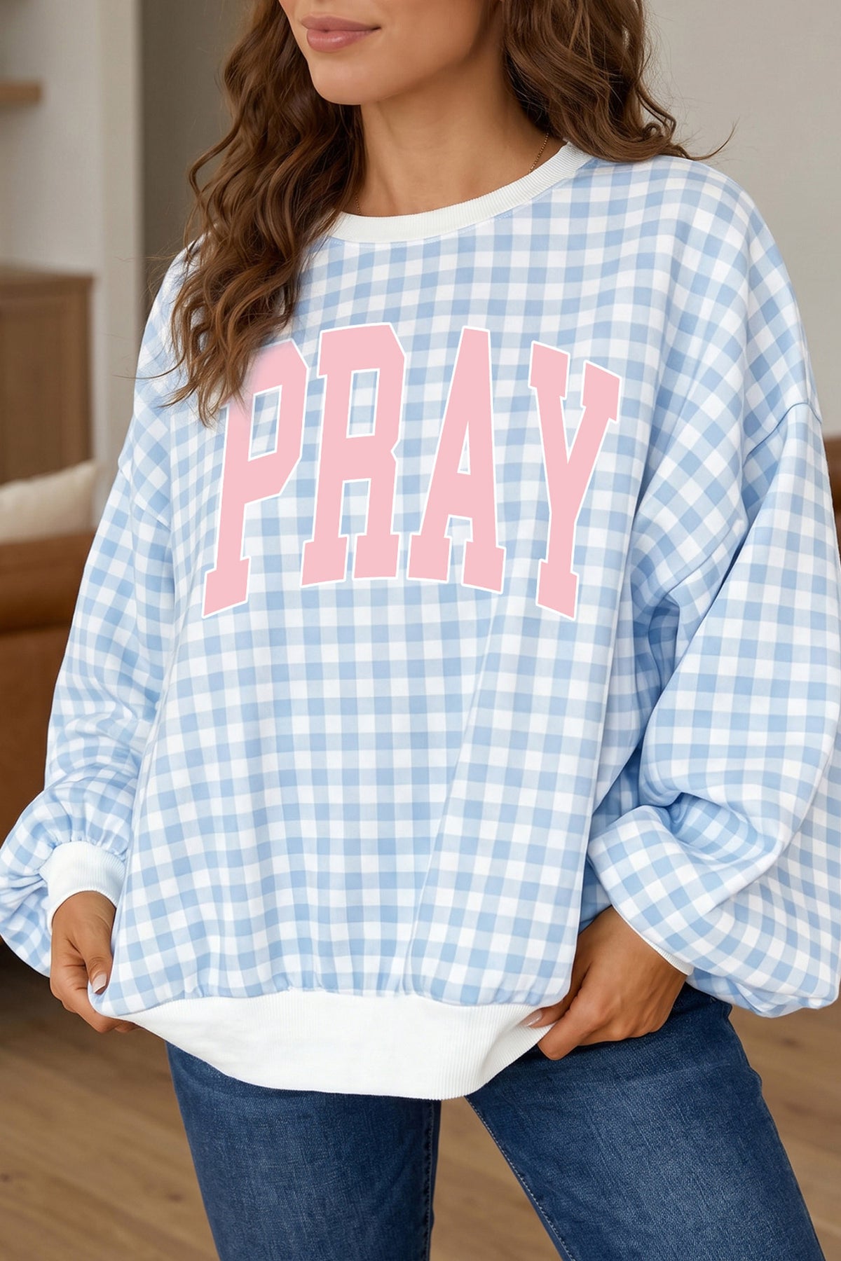 Light Blue PRAY Slogan Graphic Pullover Sweatshirt