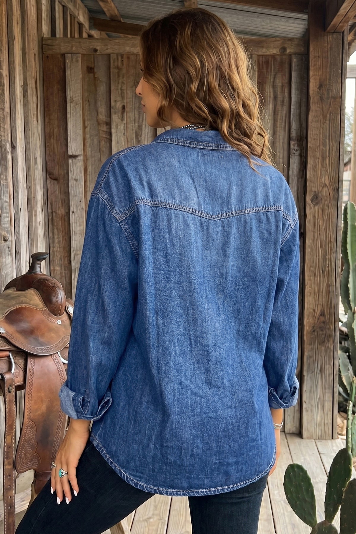 Sail Blue Western Patch Pockets Tunic Length Long Sleeve Denim Shirt