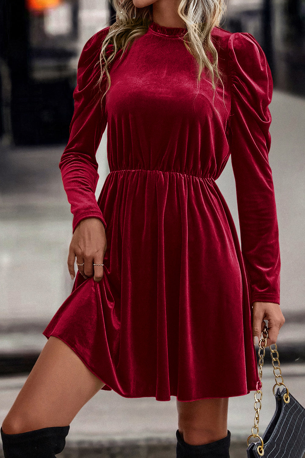 Chestnut Velvet Frilled Neck Gigot Sleeve Swing Dress