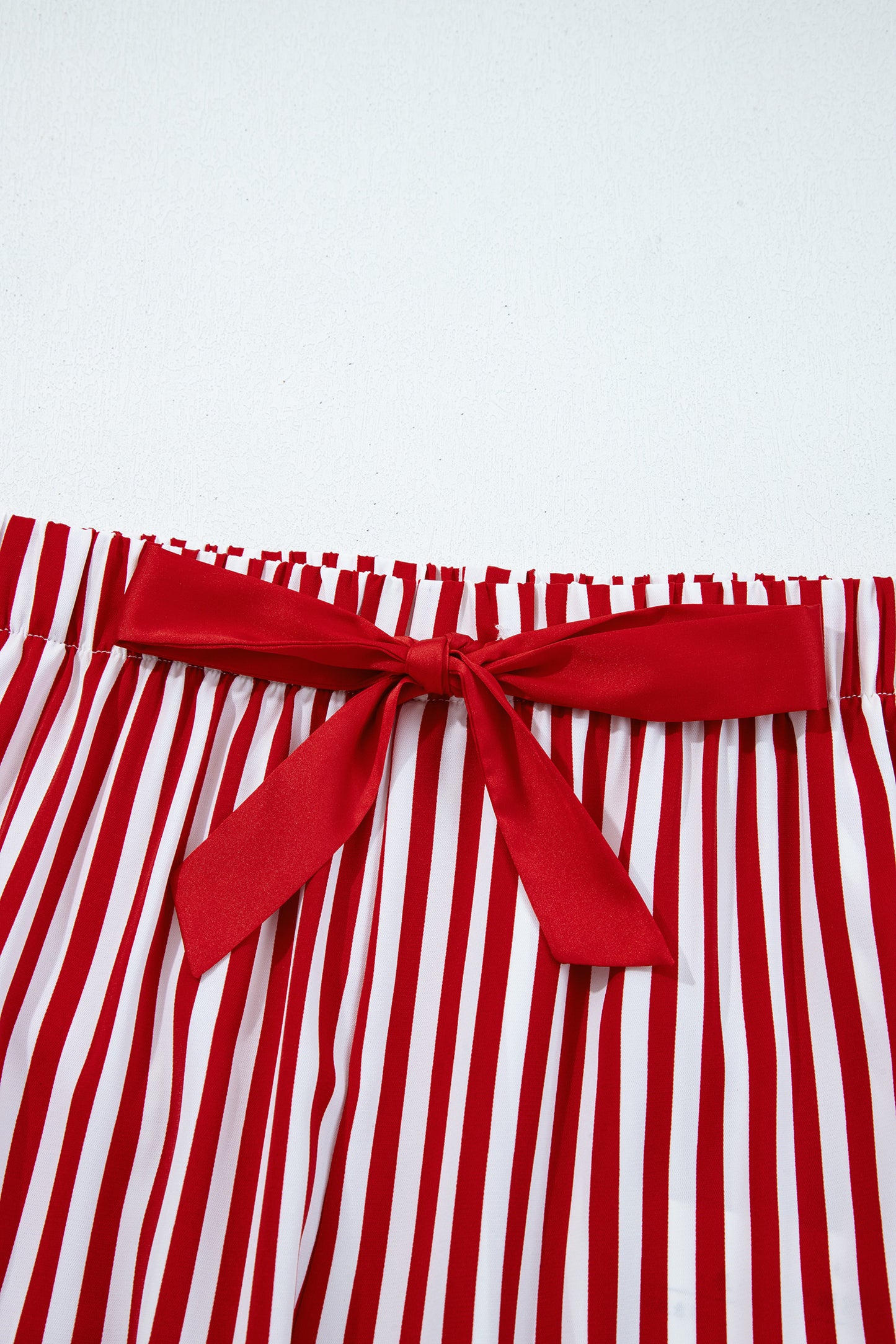 Red Stripe Contrast Velvet Trim Bow Knot Waist 2pcs Pajama Set