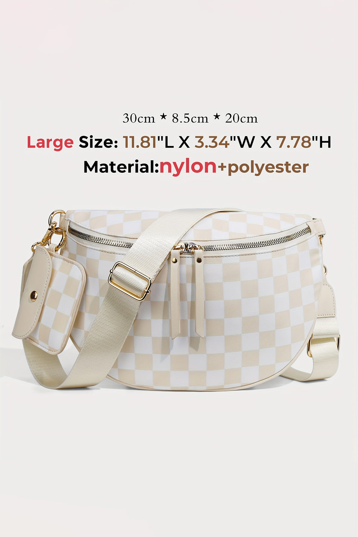 White Checkered Crescent Shoulder Bag with Detachable Pouch