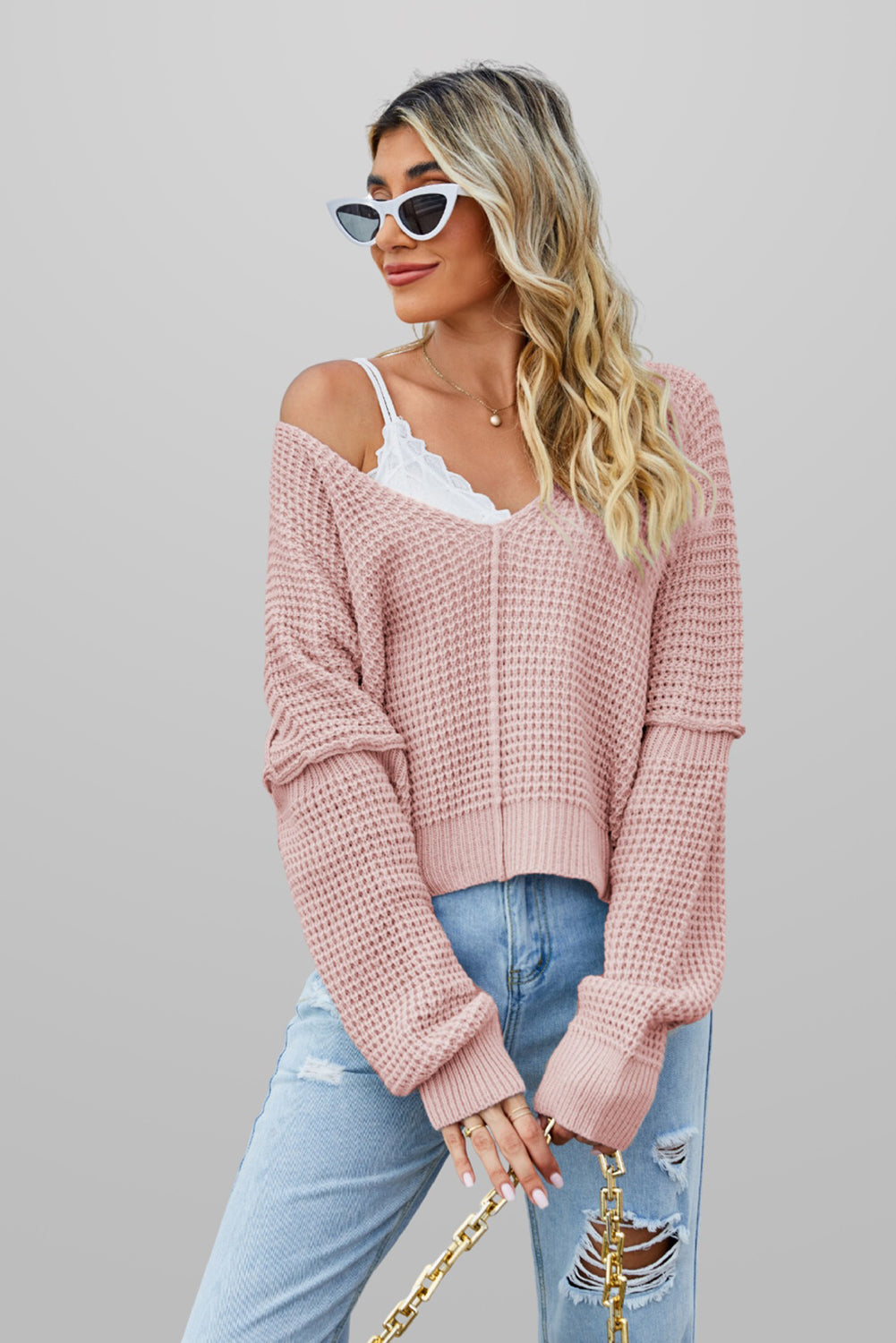 Light Pink Plain Waffle Knit V Neck Sweater