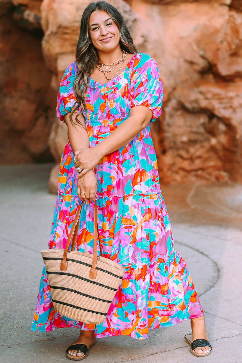 Multicolour Plus Size Floral Smocked Puff Sleeve Maxi Dress