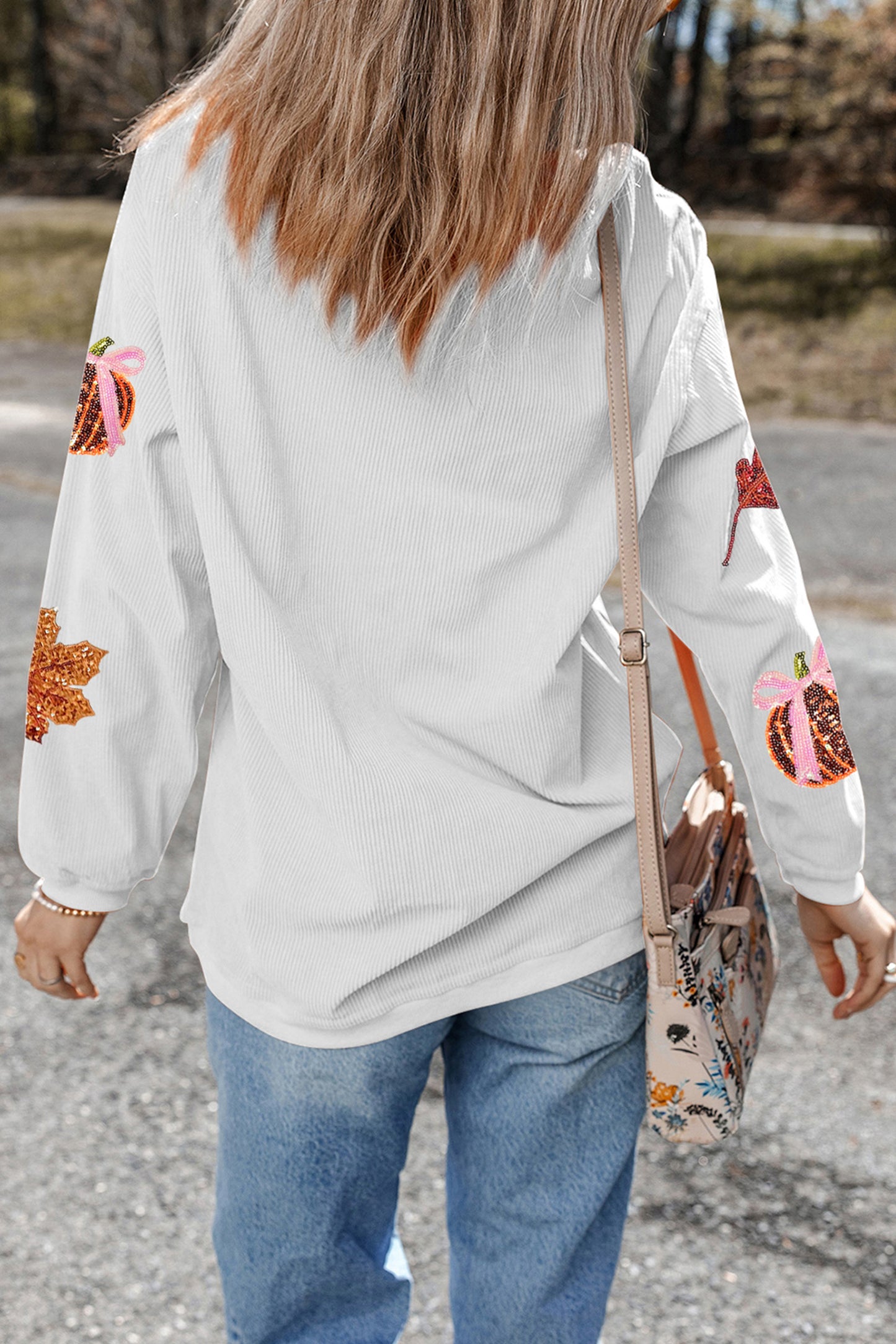 White Sequin Pumpkin Leaf Corded Ribbed Oversized Sweatshirt