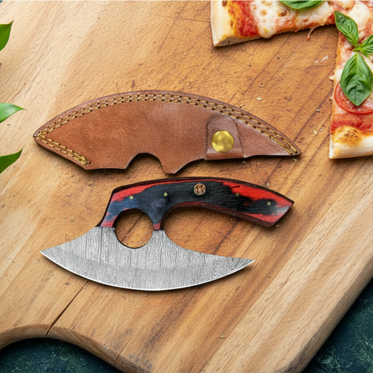 Handmade damascus Ulu knife with leather sheath