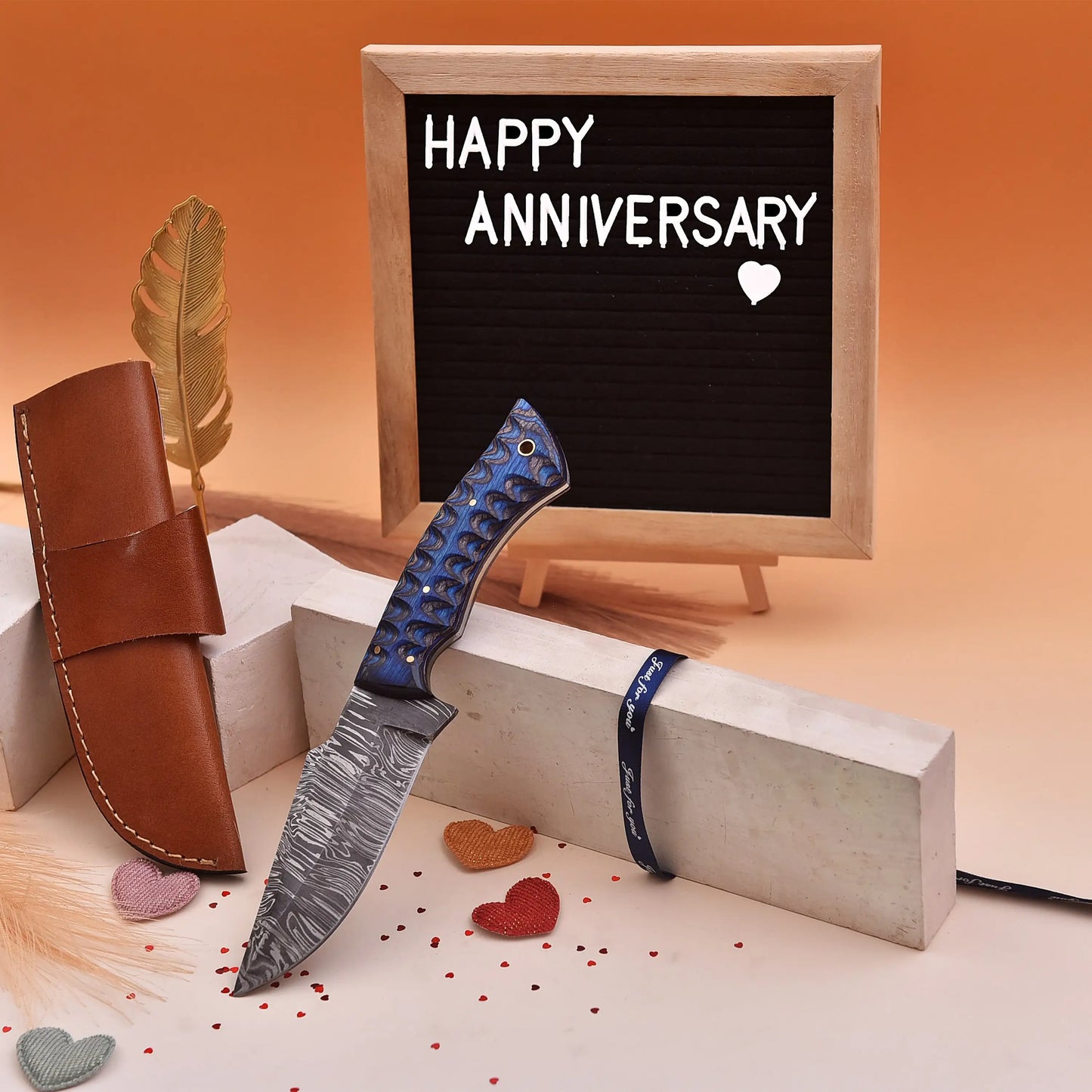 9.5' Grooved handle Damascus knife with leather sheath