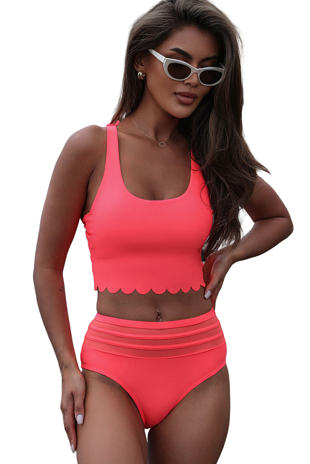 Rose Scalloped Criss Cross High Waist Bikini