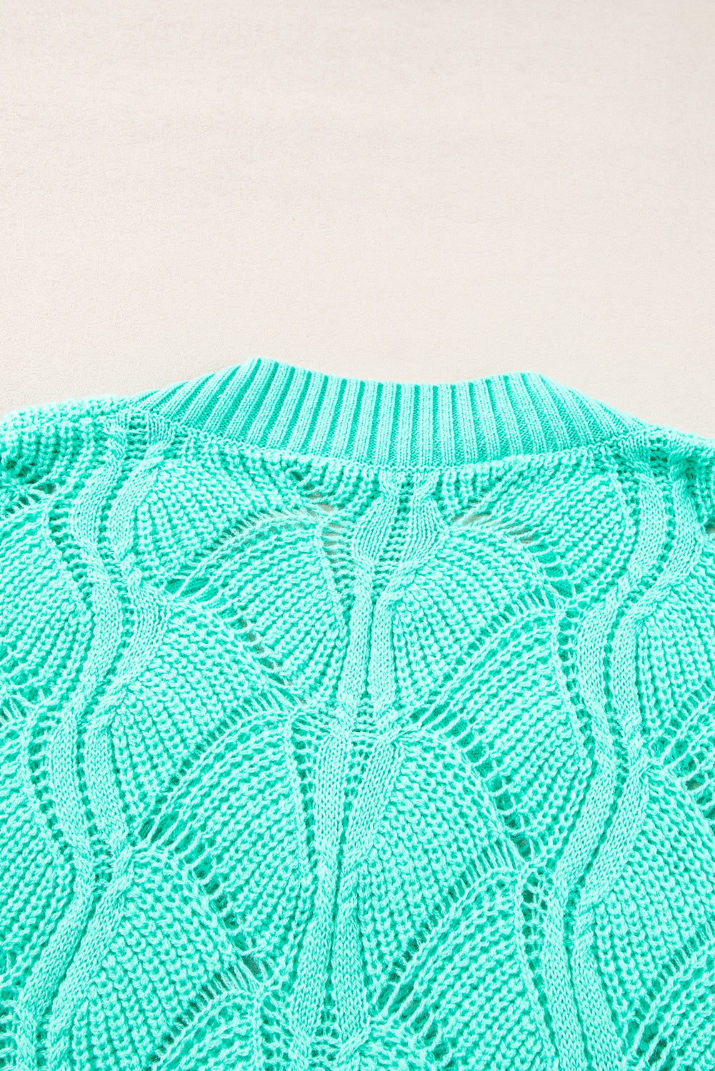 Mint Green Hollow Out Knit V Neck Drop Shoulder Sweater