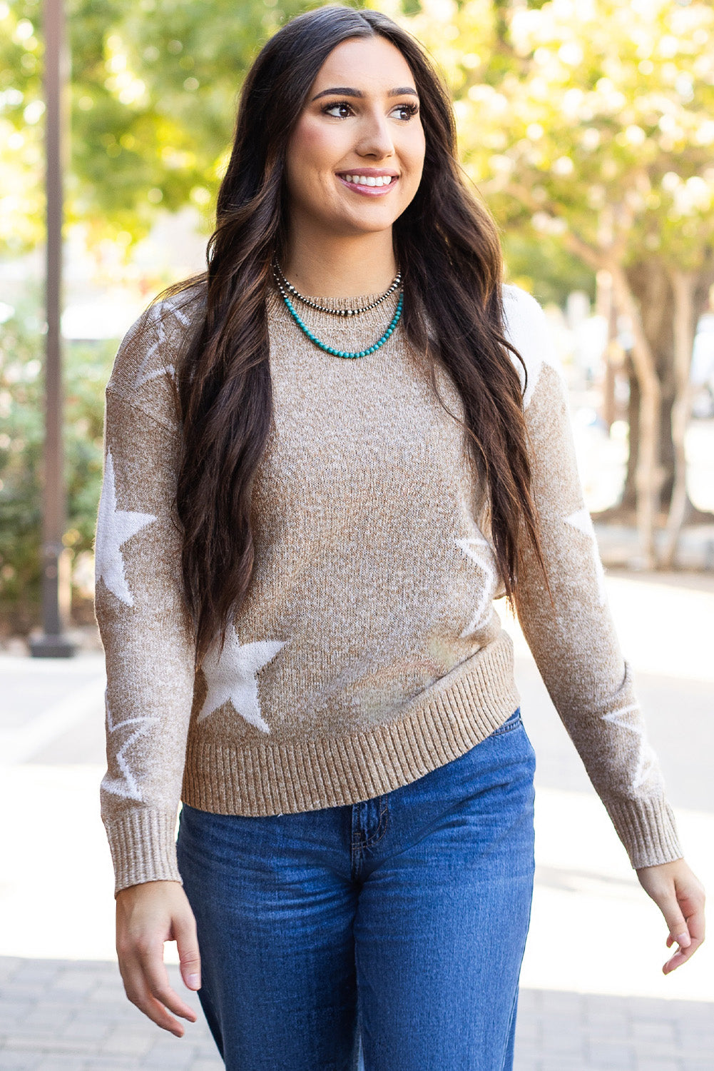 Gray Star Pattern Drop Shoulder Sweater