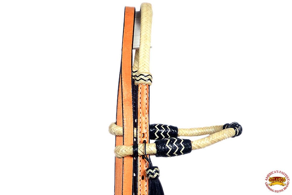 Hilason Western Headstall Horse Leather Rawhide Bosal Reins Bitless Tan