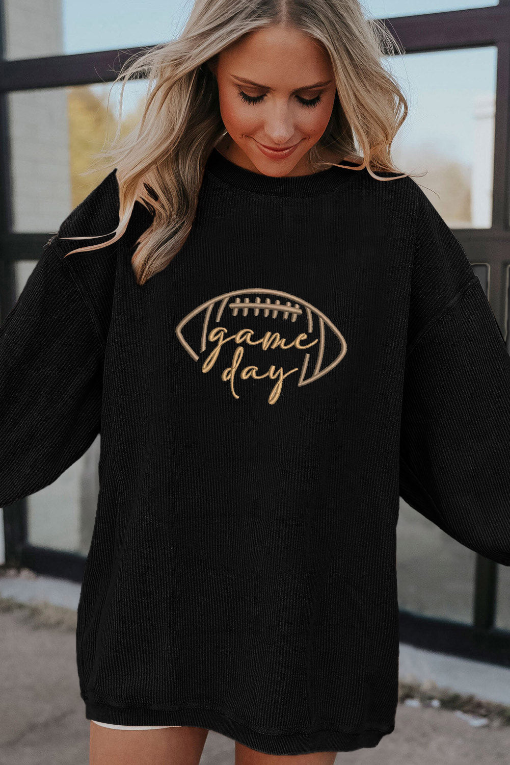 Orange Rugby Game Day Embroidered Corduroy Sweatshirt
