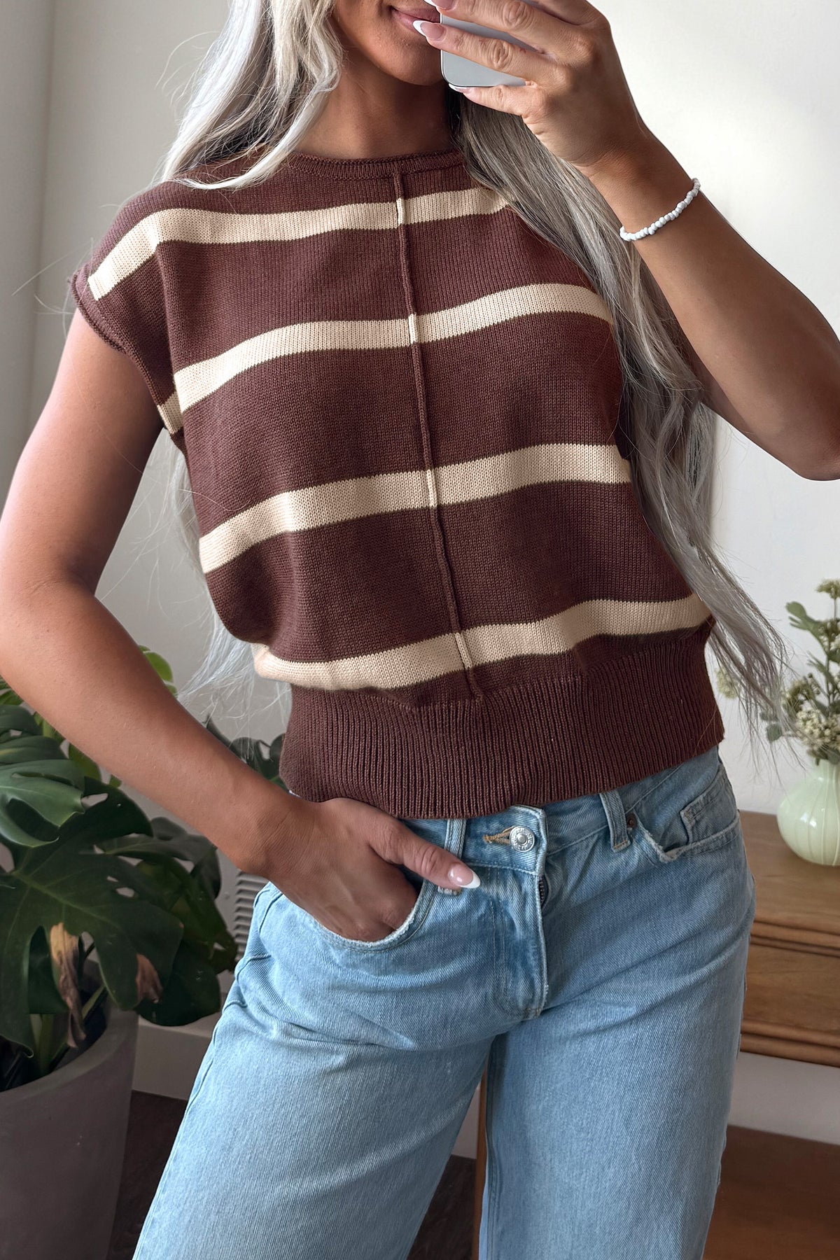 White Stripe Knit Western Short Sleeve Sweater