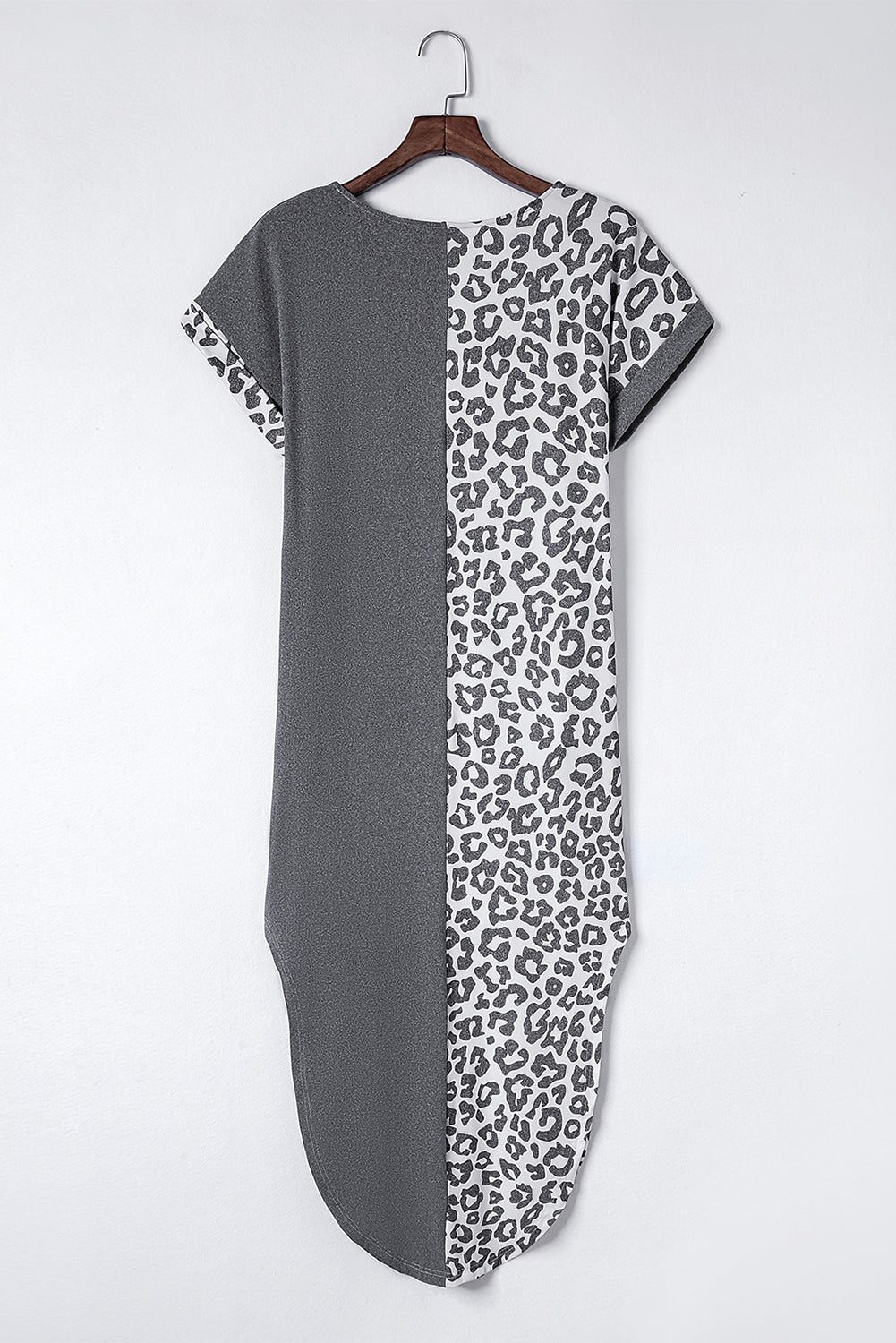 Black Contrast Solid Leopard Short Sleeve T-shirt Dress with Slits