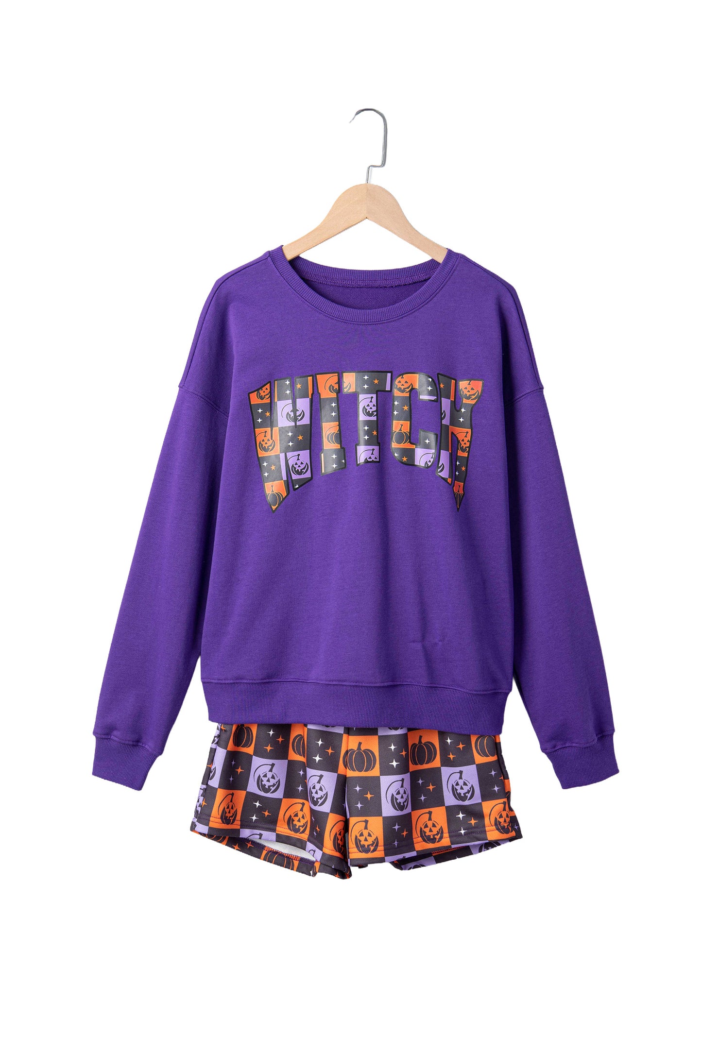 Orange Witch Letter Print Long Sleeve Top Checkered Elastic Waist Shorts Set