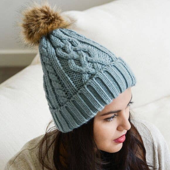 Cable Knit Beanie With Faux Fur Pom - Styled for Panache ❄️